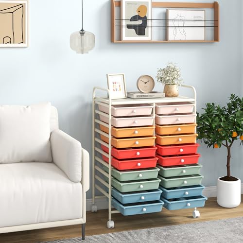 Giantex 20 Drawers Rolling Cart, Mobile Storage Drawer Cart, Classroom Organizer Cart for Office School Supplies Teacher Tools Scrapbook Paper Craft Small Printer, Utility Cart on Wheels, Macaron - color: Macaron, size: 20 Drawer-25”x15”x35”