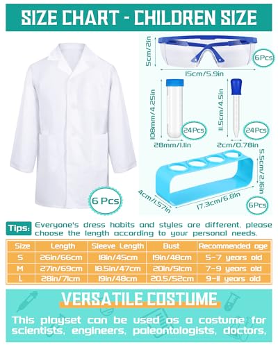 Unittype 6 Set 66 Pcs Kids Lab Coats with Goggles Test Tubes White, S - size: Small