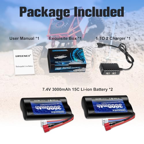 Li-ion Battery 7.4V 3000mAh High Capacity with Dean-Style T Plug 2S Rechargeable RC Battery Fit for WLtoys 4WD High Speed RC Cars and Most 1/10, 1/12, 1/16 Scale RC Cars Trucks with Charger