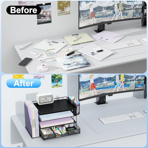 gianotter Wood Desk Organizers and Accessories with File Holder, 4-Tier Desk Accessories & Workspace Organizers with Drawer and 2 Pen Holder, Desk Reference Organizer (Black, 4T with Metal Drawer) - color: Matte Black