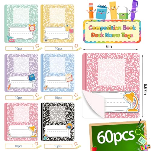 60Pcs Composition Book Name Tags for Desk with Photo Space, Pastel Back to School Kids Photo Nameplates Self Adhesive Kindergarten Label Stickers Composition Classroom Decor for Cubbies Bin Boys Girls