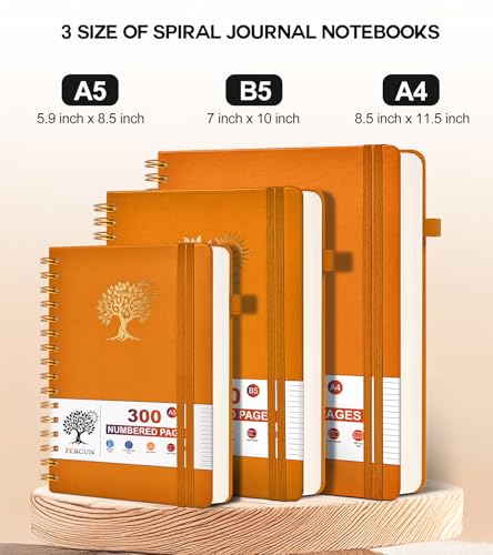 PERCUN B5 Spiral Notebook 300 Numbered Lined Pages Hardcover Journal 7"x10" - color: Orange, size: B5 size (7in x 10in)