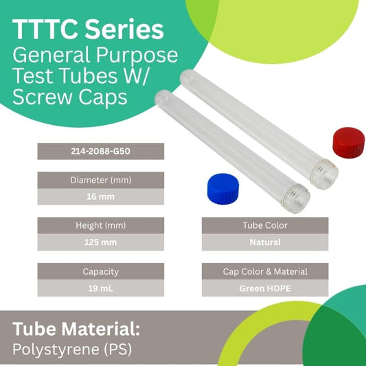 Caplugs Evergreen 214-2088-G50 General Purpose Test Tubes with Screw Caps TTTC Series, 16mm (D) x 125mm (H), 19 mL, Polystyrene Tube, HD-PE Cap, Laboratory Testing, Transparent, Green (Pack of 1000)