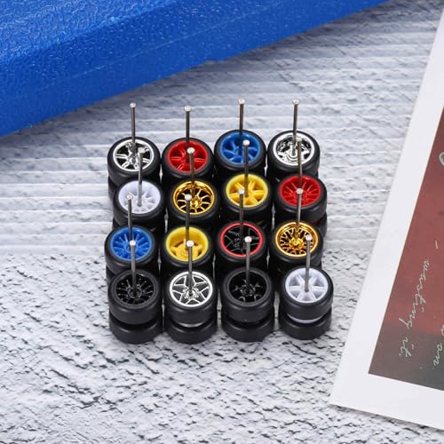 MECCANIXITY 4 Set 1/64 Wheels and Tires Set, Real Riders Rims Includes Axles for RC Diecast Car DIY Model, Branch Gold Silver Black White Rims 11 x 5.4mm
