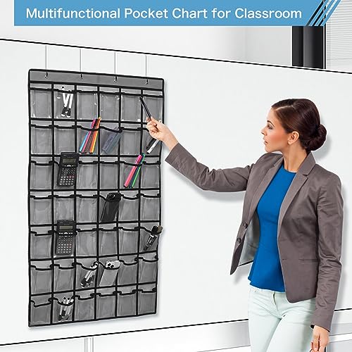 SAVERHO 42 Pocket Classroom Pocket Chart for Cell Phones and Calculator,Clear Cellphone Pocket Chart for Classroom with Number Sticker and hooks (Grey-42 Pockets) - color: Grey-1pack of 42pockets