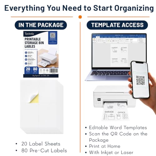 80 Pcs Printable Labels for Storage Bins, 4 Per Letter-Size Sheet