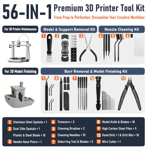 3D Printer Tools Kit, Quality 3D Printing Tool Kit for Model Finishing/Deburring/Drilling, 3D Printer Accessories for All FDM/SLA Printers Removing Support, Cutting Filament, Cleaning Nozzle - color: Finishing