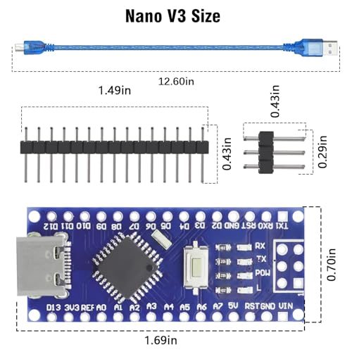 Nano V3.0 Board with Cable, AYWHP 1PCS Nano Board ATmega328P, CH340G Chip 5V 16M, Microcontroller Compatible with Arduino Nano (USB C Port) - size: 1