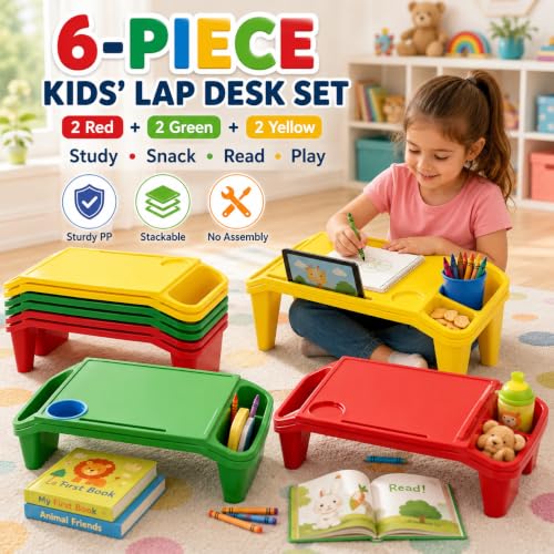 6-Pack Kids Lap Desks for Girls, Kids Lap Trays with Cup Holder & Phone Slot, 33lbs Load Capacity Bed Tray Table for Writing Eating Reading on Couch Floor, Home School Classroom, Red Green Yellow - color: Red+green+yellow