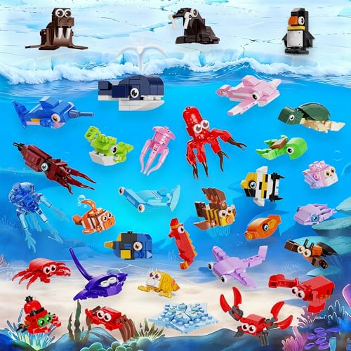 32 Pack Marine Animals Building Blocks - 846PCS Kids Party Favors Educational Toy, Goodie Bag Stuffers Classroom Prizes, Valentines Easter Birthday Gifts for Boys Girls 6-12 - color: Marine Animals
