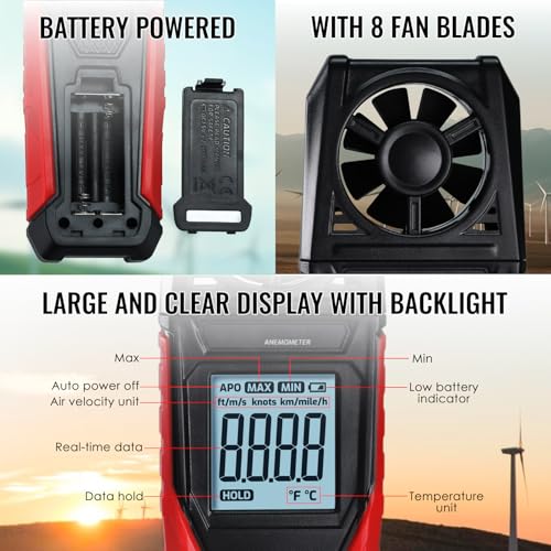 Digital Anemometer Handheld Wind Speed Meter – Measures Wind Speed in m/s, km/h, ft/min, mph, Knots & Air Temperature – Max/Min, Data Hold, Backlit Display – for HVAC, Sailing, Weather, Drone Flying
