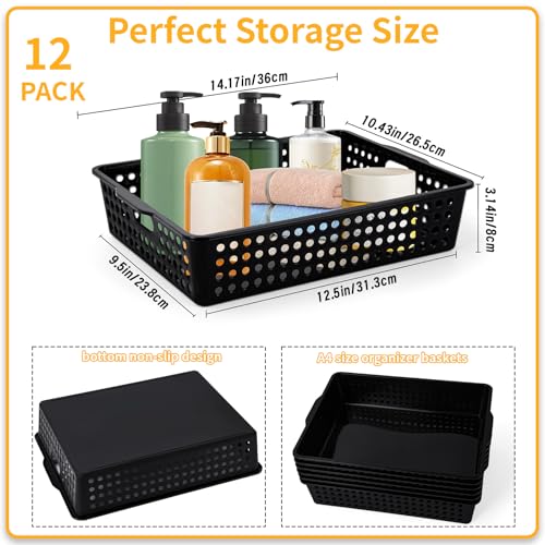 12 Pcs Plastic Storage Baskets Bulk 14 x 10 In Stackable Storage Bin with Handles A4 Size Desktop File Letter Organizer Tray Multi-purpose Container for Shelve Desktop Classroom Office Home Playroom - color: Black