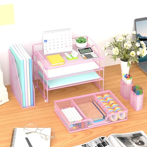 Marbrasse 4-Tier Paper Tray Organizer with Drawer and Pen Holder, Pink - color: Pink
