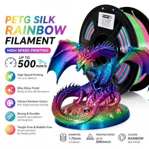 PETG 3D Printer Filament 1.75mm,Silk Rainbow,High Speed Printing 500mm/s,Multi Color,Net Weight 1kg (2.2lbs) - color: Petg Silk Rainbow