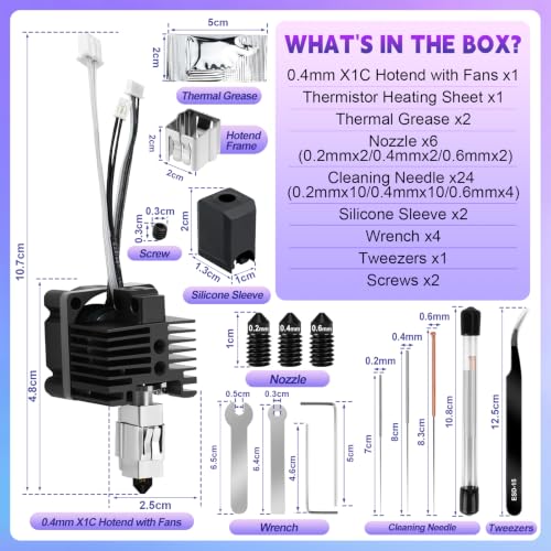 Hotend Kit for Bambu Lab X1C/X1/X1 Carbon 3D Printer, Full Assembly High Speed Printing X1C Hot End with Fan, Hardened Steel Nozzle 0.2/0.4/0.6mm Replacement Cleaning Kit Hotend for Bambu Lab X1C - size: X1C Hotend Kit3