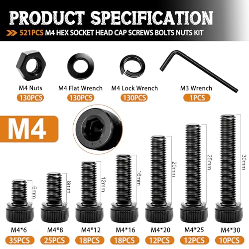 mankk 521PCS M4 Bolts Assortment Kit, Hex Socket Head Cap Hardware - size: 521PCS M4 Kit