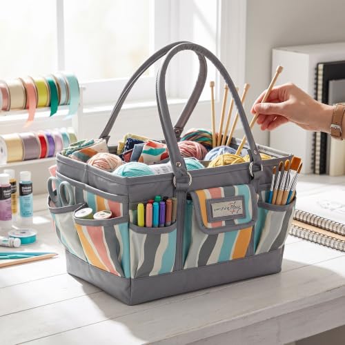 Everything Mary Deluxe Store & Tote Organizer – Grey Stripes Craft Caddy with Handle – Art Storage Tote for Sewing, Scrapbooking, DIY Projects & Crafting Tools - color: Grey Stripes, size: Large