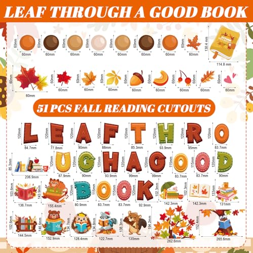 HOWAF Fall Classroom Decorations Leaf Through a Good Book Bulletin Board Set for Autumn Chalkboard School, Fall Reading Learning Maple Leaves Cutout for Thanksgiving Wall Class Blackboard Decor