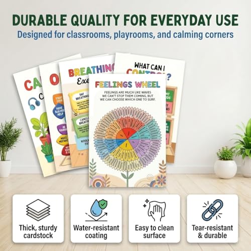 Calming Corner Classroom Posters (11x17, Matte Laminated, Set of 12) – Feelings Wheel, Coping Skills Alphabet, Breathing & Grounding Techniques – Social Emotional Learning Wall Decor for Preschool, Therapy Room