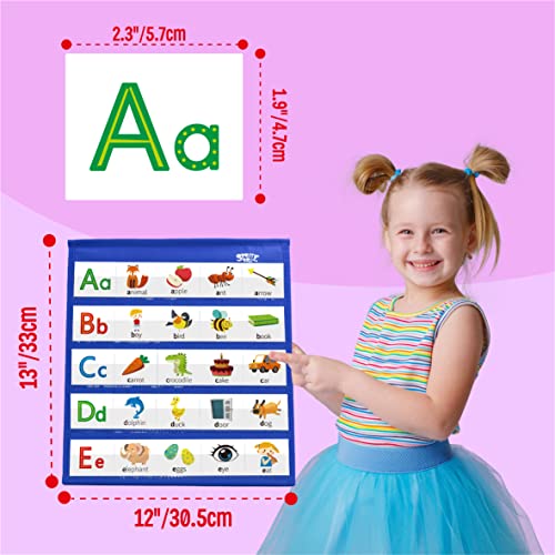 Desktop Pocket Chart, 120 Dry-Erase Double Sided Cards Includes 26 Letters with Images and 120 First Words, Self-Standing Tabletop Pocket Chart for Kids Teacher Classroom Home Use (13 X 12inch) - color: Bule, size: Alphabet Cards