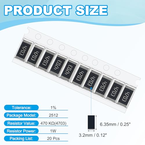 PATIKIL 2512 Surface Mount Device Chip Resistor Kit, 20Pcs 470K Ohm 1% Tolerance 1W DIY Resistor Ceramic Resistance Assortment Kits for Electronic Products - style: 470K Ohm