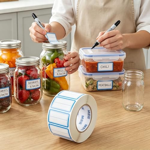 500 Removable Labels - No Residue, Reusable and Waterproof | Suitable for Food Storage Containers, Etc. (Double line-Blue) - color: Double Line-blue