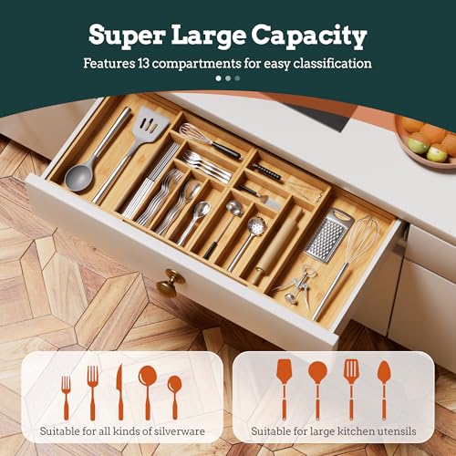 Silverware Organizer Large, Magnetic Connected Expandable 13 Slots Silverware Drawer Organizer From 21 to 37.4 Inches, Adjustable Flatware and Cutlery Holder, Bamboo Utensil Tray for Kitchen Natural - color: Natural, size: 13 Slots