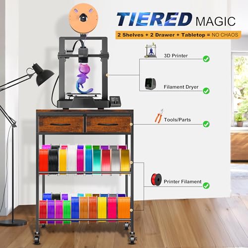 3D Printer Filament Storage Rack with Drawers, 3Tier Metal Filament Spool Holder with Wheels, 3D Printer Filament Stand for PLA/ABS/TPU/Nylon, Filaments Organzied for Workshop Studio Office, Brown - color: Brown