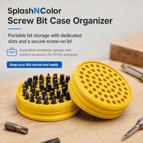 SplashNColor Screw Bit Case Holder Organizer for Drill Driver Bits – Freestanding Storage with Secure Lid | Individual Slots for Quick Access | Workshop Garage and Toolbox Bit - color: Yellow