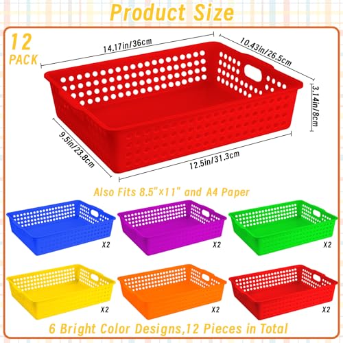 12 Pcs Plastic Classroom Storage Baskets Bulk 14 x 10 In Turn in Paper Tray for Classroom A4 Size Colorful Storage Organizer Bin with Handles Stackable Container for Playroom Home Office School Supply - color: 6 Neon color
