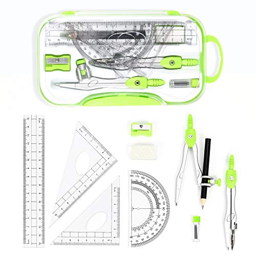 Unjoo Geometry Set 10 Pcs Student Supplies, Protractor and Compass (Green) - color: Green