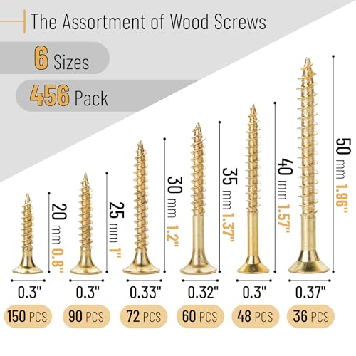 Mr. Pen- Wood Screws Assortment Kit, 456 pcs, Gold, Phillips Flat Head - color: Gold, size: 456 pcs