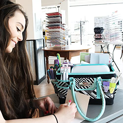 Everything Mary Teal Geometric Deluxe Store and Tote - Storage Organizer Bag for Crafts, Sewing, Paper, Art, Desk, Canvas, Supplies Storage Organization - Travel Art Box with Handle - color: Teal, size: Large