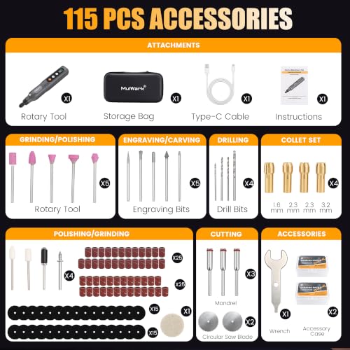 MulWark 113Pcs Rotary Tool Kit 5 Speed LED Display 4V Cordless Rotary Tool