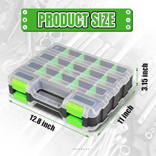 Jack Boss Tool Box with Transparent Lid, Double Side 34-Compartments Organizer Box with Removable Dividers for Hardware, Screws, Bolts, Nails, Beads, Jewelry and Fishing Accessories, Green, 1 Pack - color: Green, size: 1 PACK