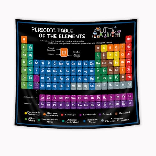 Riyidecor Periodic Table Tapestry 59WX51L Inch Chemistry Elements Educational Scientific Teachers School Student Cool Aesthetic Practical Family Cute Symbols Wall Hanging Living Room Bedroom Decor - color: 01Black, size: 51"L x 59"W