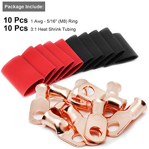 TKDMR 10 PCS 1 AWG - 5/16 Battery Cable Lugs Copper Wire Ring Terminals - size: 1 Awg - 5/16" (M8) Ring