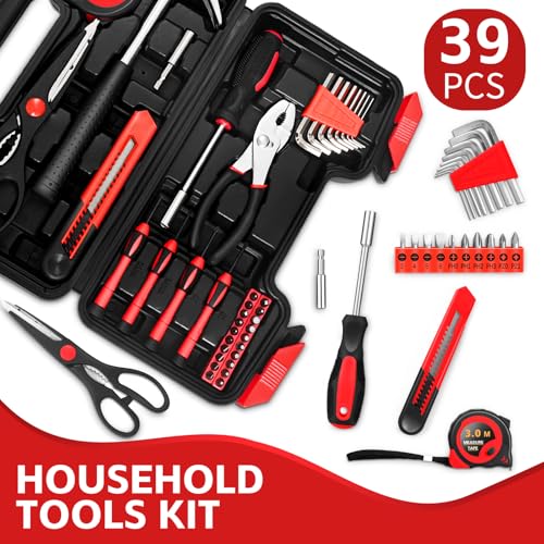 39 Piece Home Tool Kit, Red Hand Tool Set With Storage Case - color: Red, size: 39-Piece