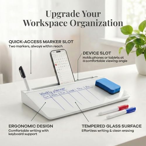 Birch Desktop Glass Whiteboard with Magnetic Weekly Calendar – Dry Erase Board, Keyboard Stand, Hidden Storage, Adjustable Dividers, 3 Markers & Eraser – Office, Home, School – Cloud - style: Cloud Gen2