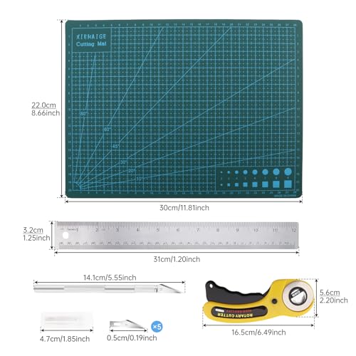 Rotary Cutter Set, 45mm Fabric Cutter, A4 Cutting Mat 11.8x8.6inch, Dual Scale Quilting Ruler and Craft Knife Set, Ideal for Crafting, Sewing, Scrapbooking, Patchworking