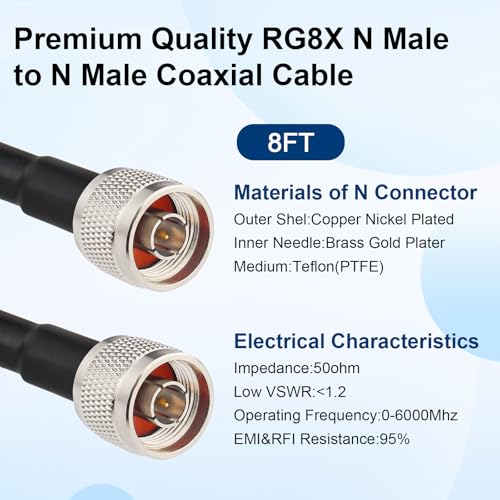MOOKEERF RG8X N Male to N Male Cable 8FT,Ultra Low Loss N Cable 50 ohm RG8X Stranded Core for WiFi Router,Amplifier,Antenna,Signal Booster Use - size: 8FT