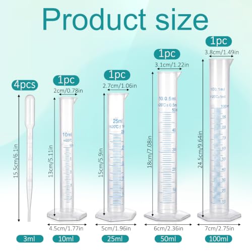 4 PCS Graduated Cylinder Set, Plastic Measuring Cylinder in 10ml, 25ml, 50ml, 100ml with 3ml Plastic Droppers Clear Graduated Polypropylene Lab Test Tubes for Science Experiments & Laboratory Supplies