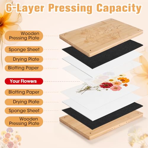 Bemoauty Flower Pressing Kit for Adults and Teens, 6 Layers Wood Flower Press 11.8" x 8", Flower Preservation Kits with 6 Sponge Sheet, Drying Plates and 24 Lining Papers, DIY Art & Crafts Gift