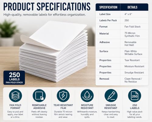 Veritack™ 250, Large Removable Labels for Bins, 4" x 6", Easy to Write, No Residue, for Storage Containers, Garage, Pantry, Closet & Home Organization, Moisture Resistant, Freezer & Refrigerator Safe