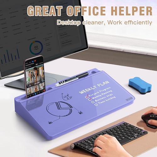 SELEAD Desktop Glass Whiteboard with Storage, 5 Markers and Eraser, Purple - color: Purple, size: 12"x7"