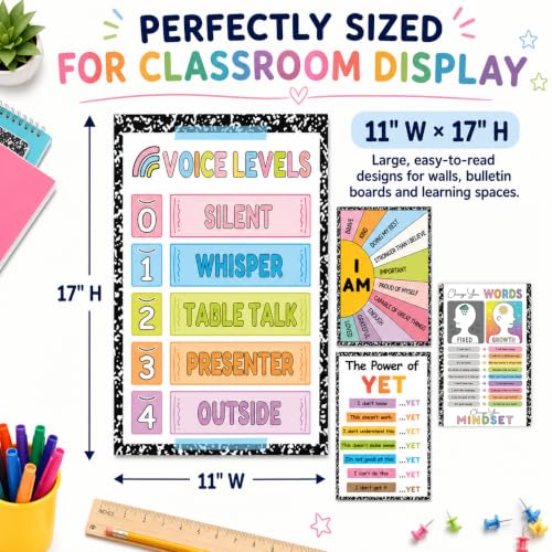 Growth Mindset Posters for Classroom, Set of 4 Large 11x17 Growth Mindset Classroom Decor, Voice Levels Poster, Change Your Words, Power of Yet & Positive Affirmation Mindset Poster - color: Growth Mindset