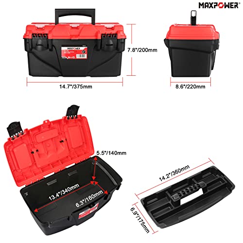 MAXPOWER 15" Tool Box with Removable Tray & Dual Lock, Tools Organizer - size: 15"