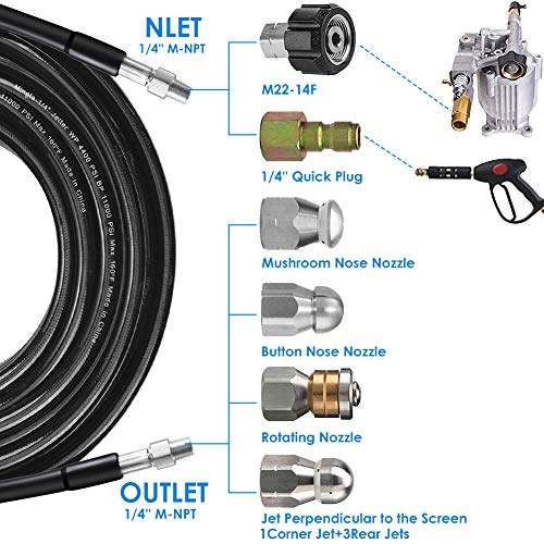 Sewer Jetter Kit for Pressure Washer 100FT, 5800PSI Drain Cleaner Hose 1/4 Inch NPT Corner, Rotating and Button Hose Sewer Jetting Nozzle Pearl Corsage Pin Waterproof Tape with 2 Spanner - color: 100FT
