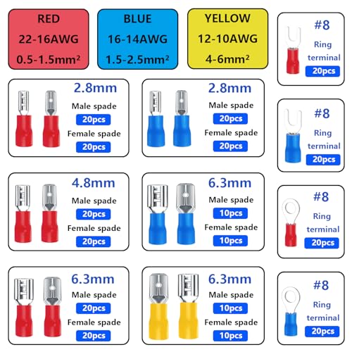 Tnisesm 280Pcs Spade Connector kit,Crimp Connectors 2.8mm 4.8mm 6.3mm Male and Female 16 Types Crimp Terminals Electrical Connectors Includes Spade Ring Fork Wire Connectors - color: 280Pcs Spade, size: Crimp style