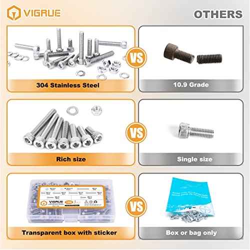 VIGRUE 180Pcs M6 Stainless Bolt Kit Socket Head Cap Screws Nuts Washers - size: m6 socket stainless 12-40mm